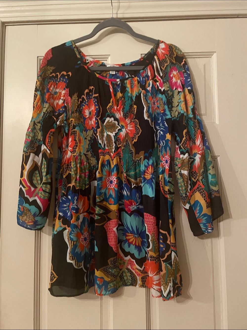 Spense-Women's Black Floral Peasant Blouse—Size Medium